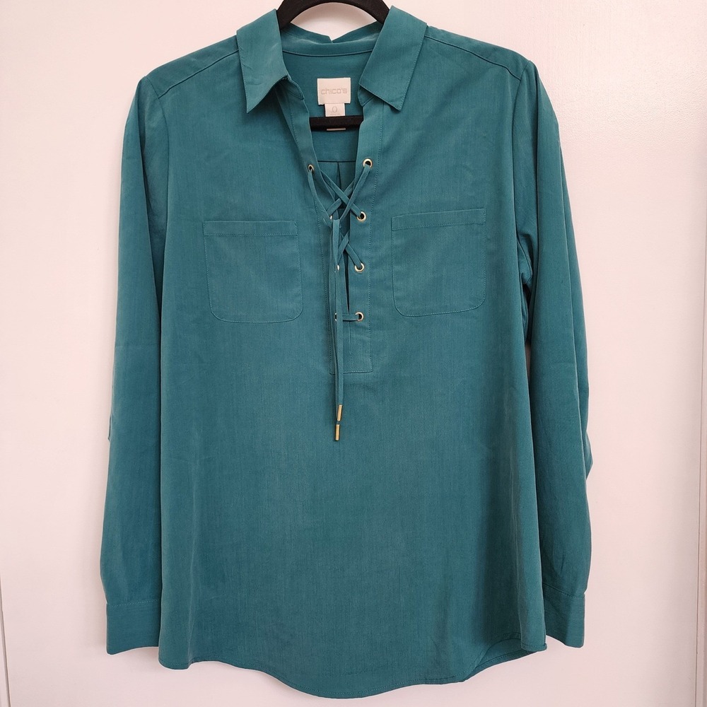 Chicos Green Lace Up V Neck Blouse Modal Blend Long Sleeve Top Size 0 S Small